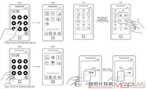 三星提交的透明显示触控专利中，关于正反面操作的演示。